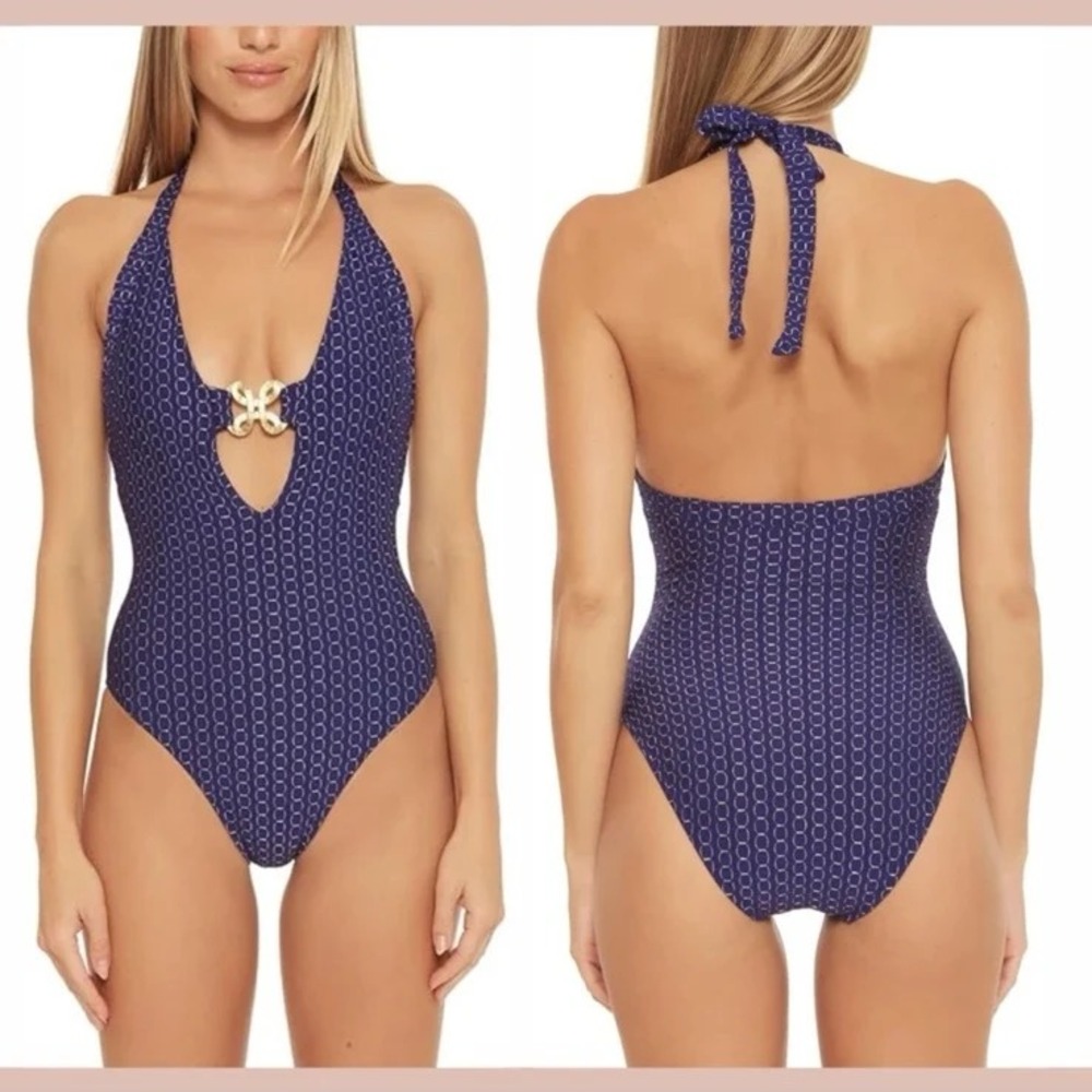 Trina Turk Size 8 Adeline Metallic Plunge Halter One Piece Swimsuit Navy Gold